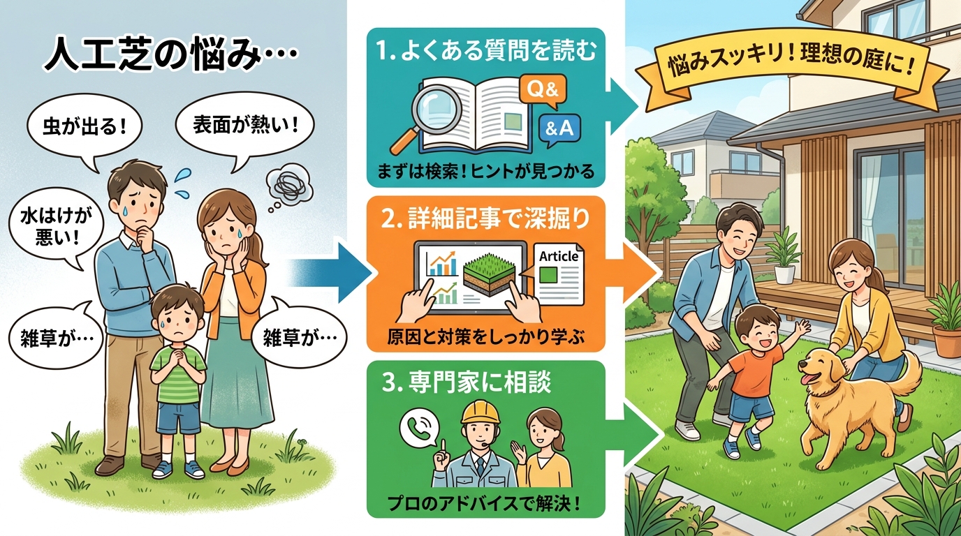 日本人と日本人の近代住宅・風景。参照画像の画風・テイスト・タッチでのイラストの作成。必要に応じてカラーにして。, インフォグラフィック、人工芝の悩みを解決する手順を示したフロー図。明るく親しみやすいデ