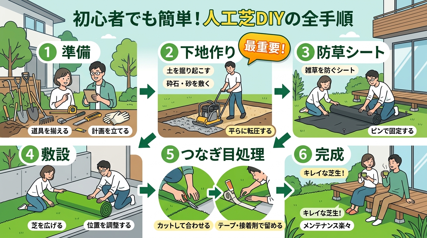 日本人と日本人の近代住宅・風景。参照画像の画風・テイスト・タッチでのイラストの作成。必要に応じてカラーにして。, 「初心者でも簡単！人工芝DIYの全手順」というタイトルのインフォグラフィック。フラット