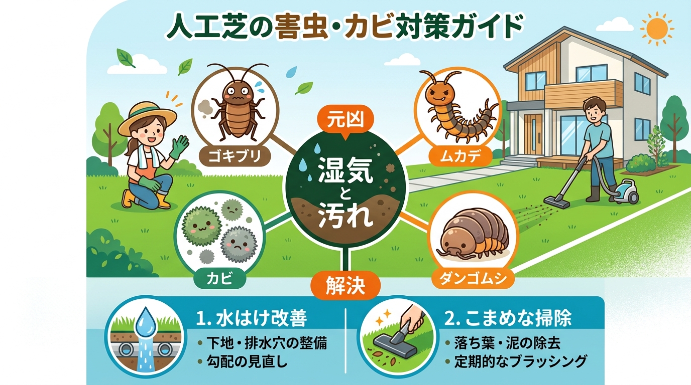 日本人と日本人の近代住宅・風景。参照画像の画風・テイスト・タッチでのイラストの作成。必要に応じてカラーにして。, 人工芝の害虫・カビ対策を解説するインフォグラフィック。フラットデザインの明るいデジタル