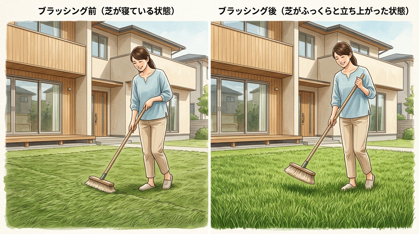 ブラッシング前（芝が寝ている状態）とブラッシング後（芝がふっくらと立ち上がった状態）のビフォーアフター比較写真]