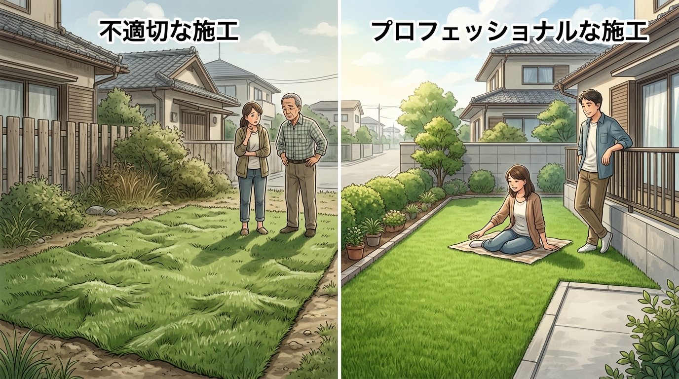 左側に下地が悪くデコボコになった人工芝の写真、右側に平滑な下地の上に綺麗に敷かれた人工芝の写真を並べた比較画像。]