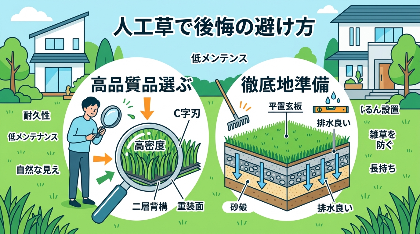 日本人と日本人の近代住宅・風景。参照画像の画風・テイスト・タッチでのイラストの作成。必要に応じてカラーにして。, 「後悔しない人工芝の対策」をテーマにしたインフォグラフィック。中央に「高品質な製品選び