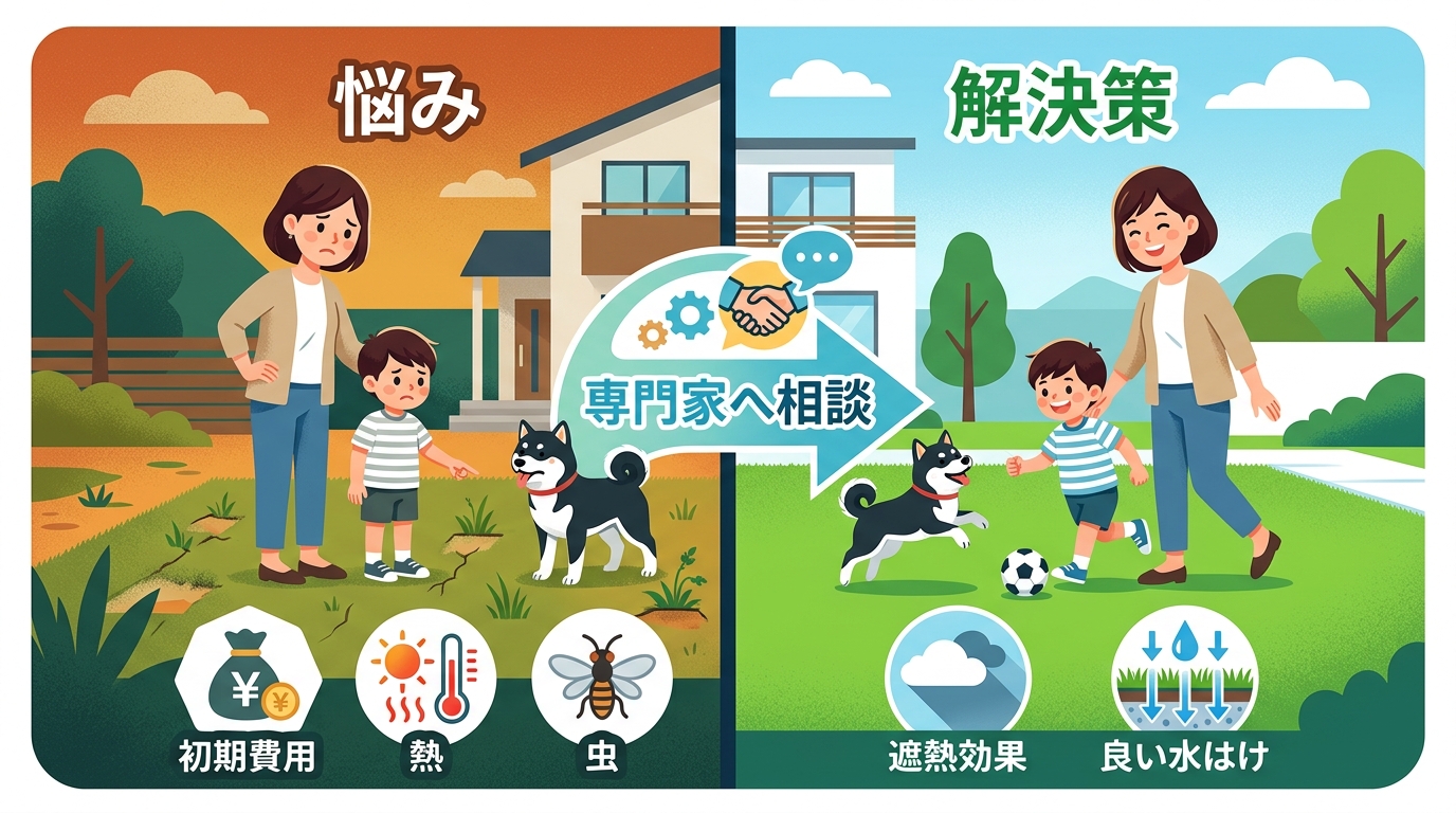 日本人と日本人の近代住宅・風景。参照画像の画風・テイスト・タッチでのイラストの作成。必要に応じてカラーにして。, 庭の人工芝のデメリットと対策をテーマにしたインフォグラフィック。デジタルイラスト、フラ