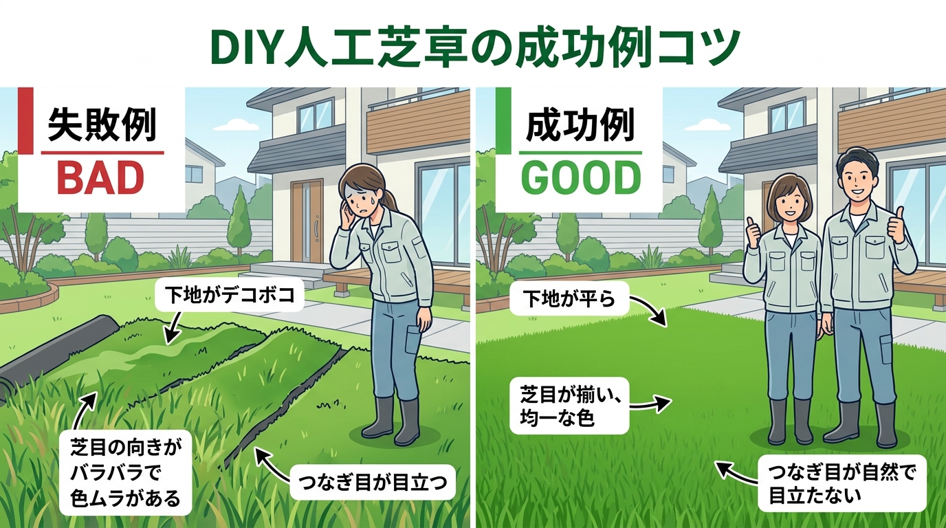 日本人と日本人の近代住宅・風景。参照画像の画風・テイスト・タッチでのイラストの作成。必要に応じてカラーにして。, 人工芝DIYの成功のコツを解説するインフォグラフィック。画面を左右に分割し、左に「失敗