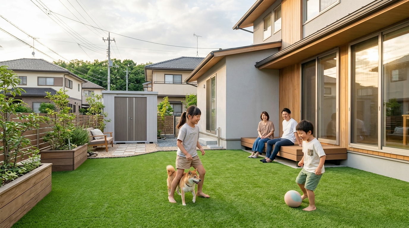 清潔に管理された、子供やペットが安心して遊んでいる美しい人工芝の庭。ゴキブリとは無縁の快適な空間をイメージさせるポジティブな写真。]