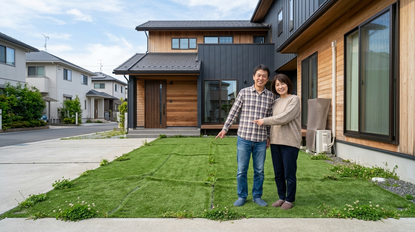 DIYで失敗した人工芝の施工例（継ぎ目が目立つ、表面がデコボコしている、端から雑草が生えているなど）のコラージュ写真]