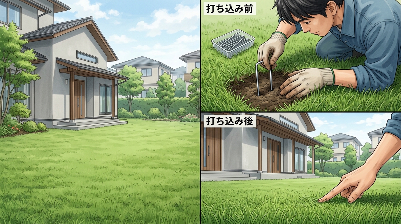 U字ピンを打つ前（芝を指でかき分けている）と、打ち終わった後（ピンが芝に隠れて見えない）の比較写真]