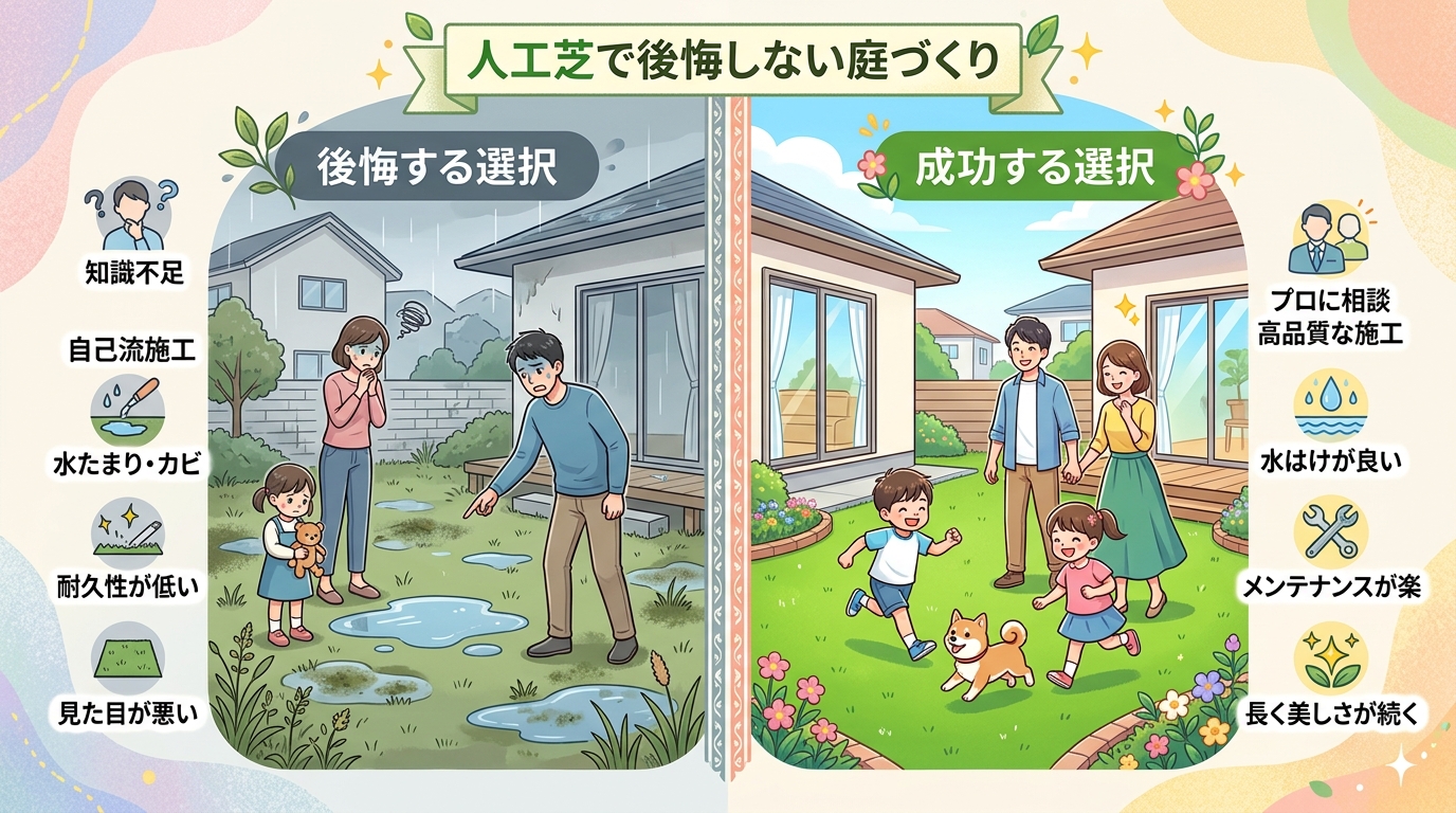 日本人と日本人の近代住宅・風景。参照画像の画風・テイスト・タッチでのイラストの作成。必要に応じてカラーにして。, 人工芝で後悔しない庭づくり」をテーマにしたインフォグラフィック。画面を左右に分割し、「