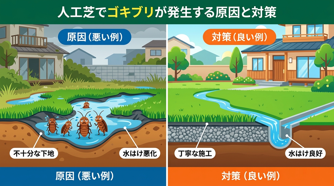 日本人と日本人の近代住宅・風景。参照画像の画風・テイスト・タッチでのイラストの作成。必要に応じてカラーにして。, 「人工芝でゴキブリが発生する原因と対策」をテーマにしたインフォグラフィック。画面を左右