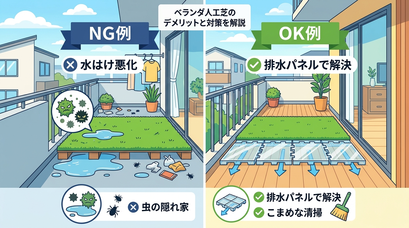 日本人と日本人の近代住宅・風景。参照画像の画風・テイスト・タッチでのイラストの作成。必要に応じてカラーにして。, ベランダ人工芝のデメリットと対策を解説するインフォグラフィック。フラットデザインのデジ