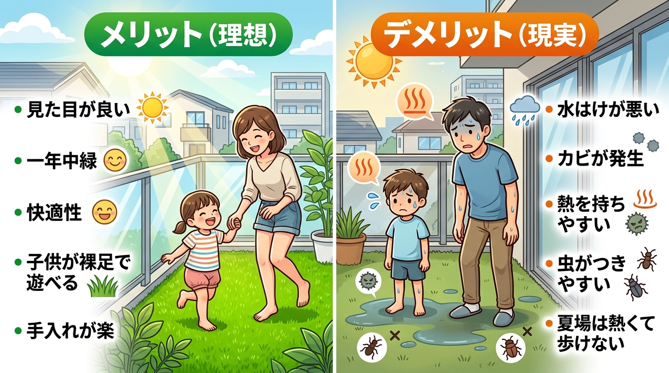 日本人と日本人の近代住宅・風景。参照画像の画風・テイスト・タッチでのイラストの作成。必要に応じてカラーにして。, ベランダ人工芝のメリットとデメリットを比較するインフォグラフィック。画面を左右に分割し
