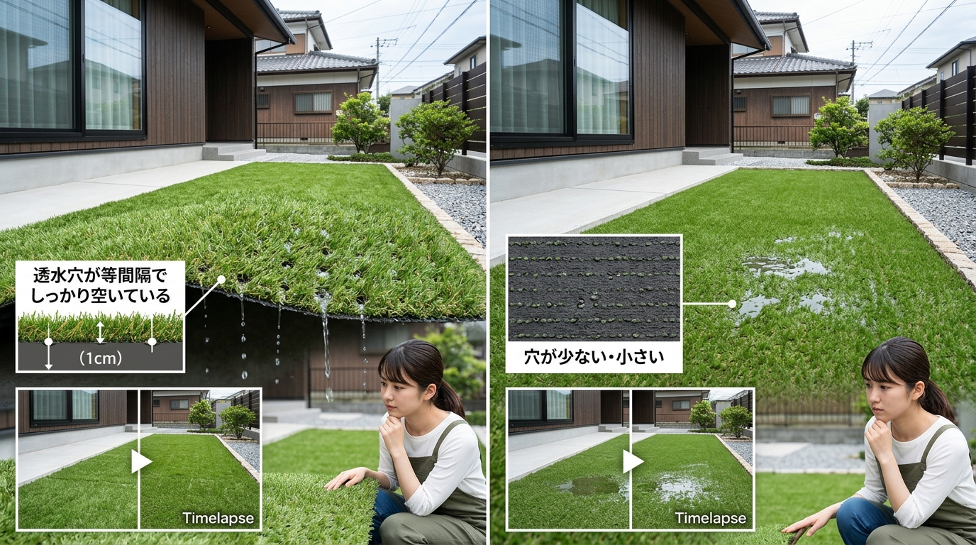 透水穴が等間隔でしっかり空いている人工芝と、穴が少ない・小さい人工芝の比較写真。]