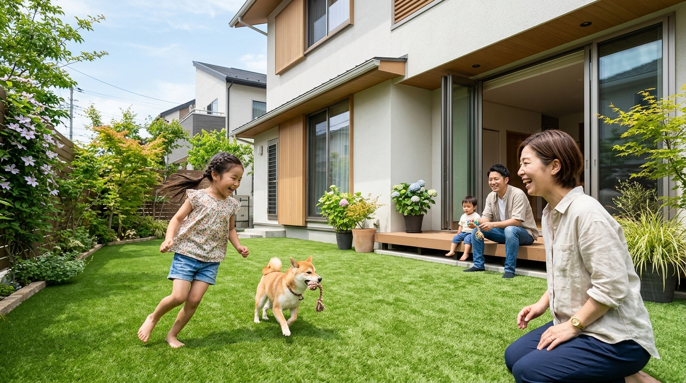 美しく施工された人工芝の庭で、子どもやペットが楽しそうに遊んでいる様子の写真。記事全体への期待感を高める明るいイメージ。]