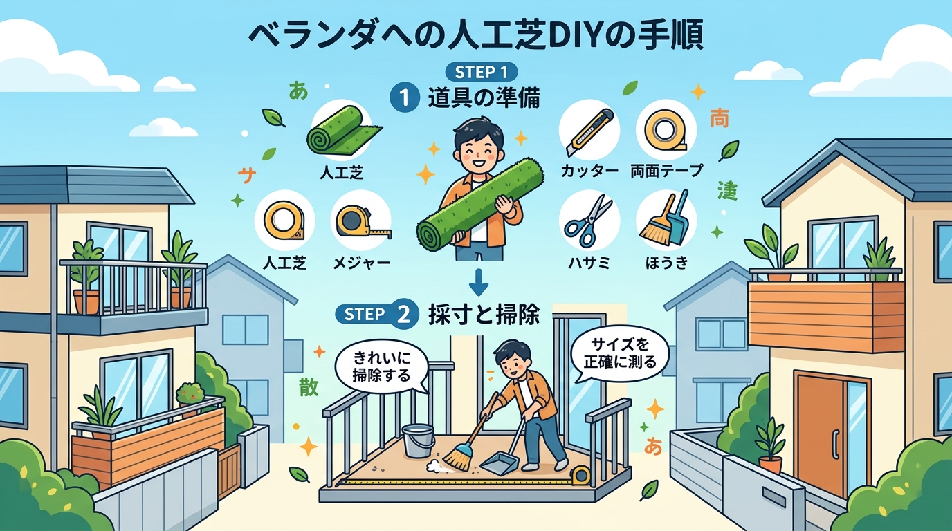 日本人と日本人の近代住宅・風景。参照画像の画風・テイスト・タッチでのイラストの作成。必要に応じてカラーにして。, ベランダへの人工芝DIYの手順を紹介するインフォグラフィック。明るく親しみやすいフラッ
