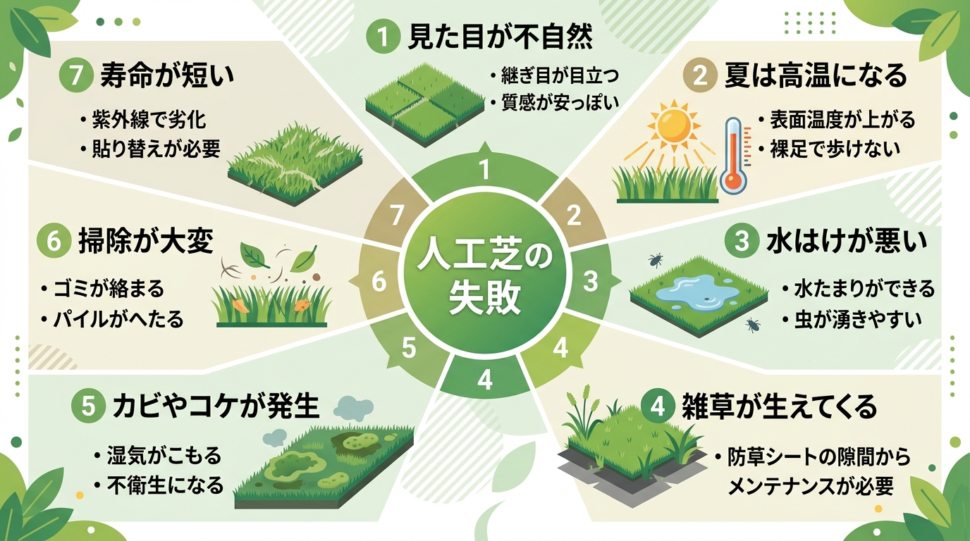 日本人と日本人の近代住宅・風景。参照画像の画風・テイスト・タッチでのイラストの作成。必要に応じてカラーにして。, 「庭の人工芝でよくある後悔・失敗パターン7選」をテーマにしたインフォグラフィック。中央