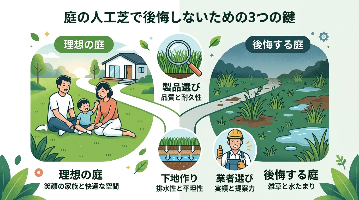 日本人と日本人の近代住宅・風景。参照画像の画風・テイスト・タッチでのイラストの作成。必要に応じてカラーにして。, 「庭の人工芝で後悔しないための3つの鍵」というタイトルのインフォグラフィック。中央の分