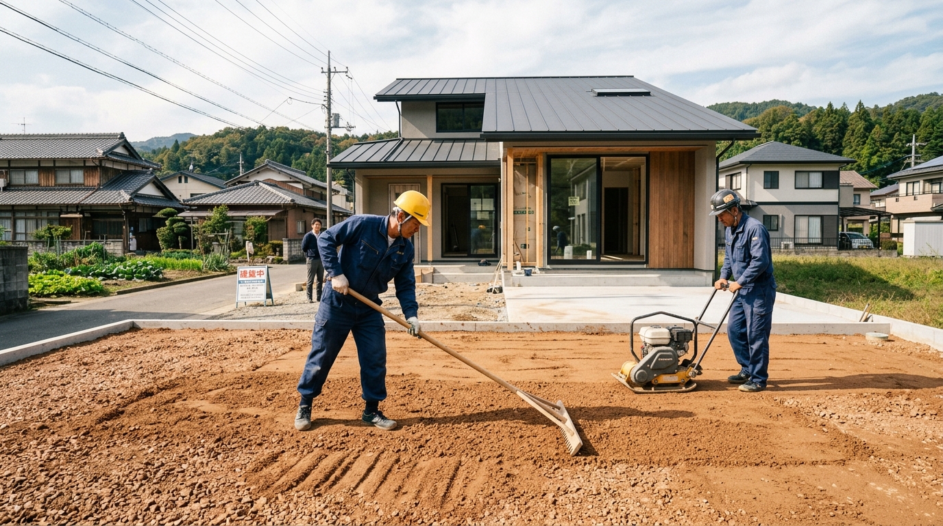 山砂をトンボで平らにならし、再度転圧している様子の写真]