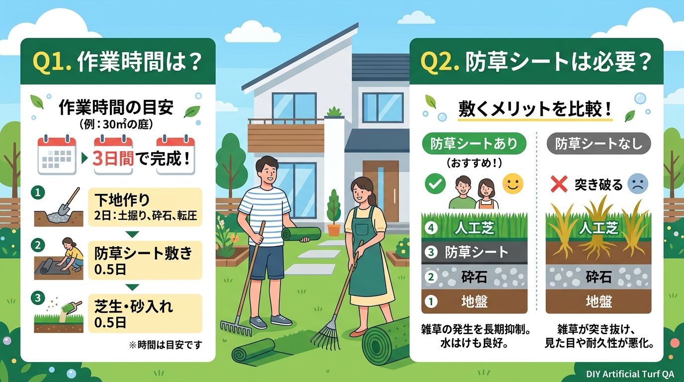 日本人と日本人の近代住宅・風景。参照画像の画風・テイスト・タッチでのイラストの作成。必要に応じてカラーにして。, 人工芝DIYのQ&Aをテーマにしたインフォグラフィック。明るく分かりやすいフラットデザ