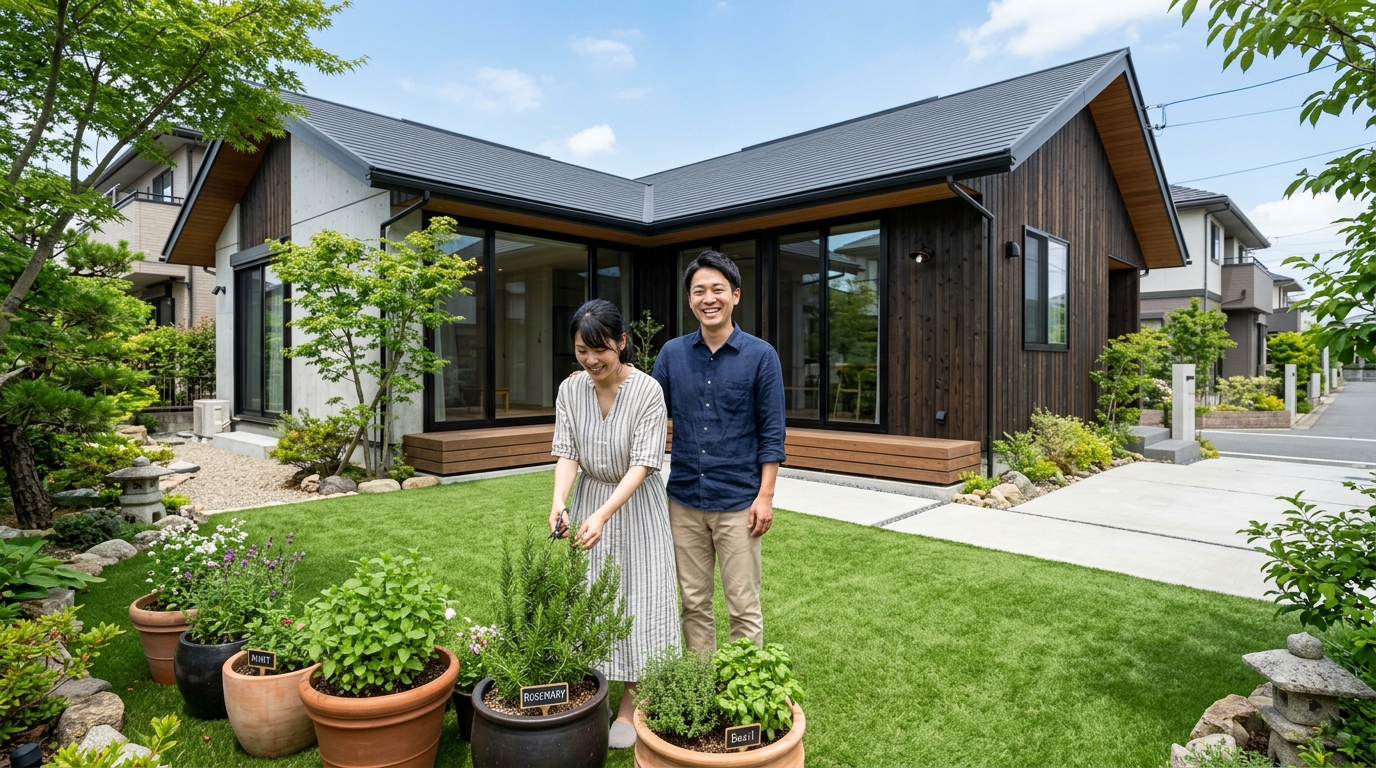 人工芝の庭の隅に、ミントやローズマリーのハーブがおしゃれなプランターに植えられて置かれている写真]