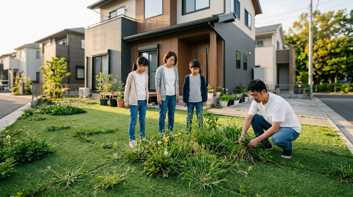 防草シートを敷かなかったために、人工芝の隙間から雑草が大量に生い茂っている庭の写真。]