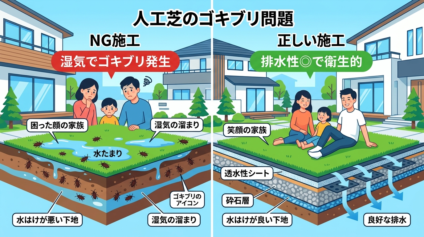 日本人と日本人の近代住宅・風景。参照画像の画風・テイスト・タッチでのイラストの作成。必要に応じてカラーにして。, インフォグラフィック、フラットデザイン。テーマ「人工芝のゴキブリ問題」。画面を左右に2
