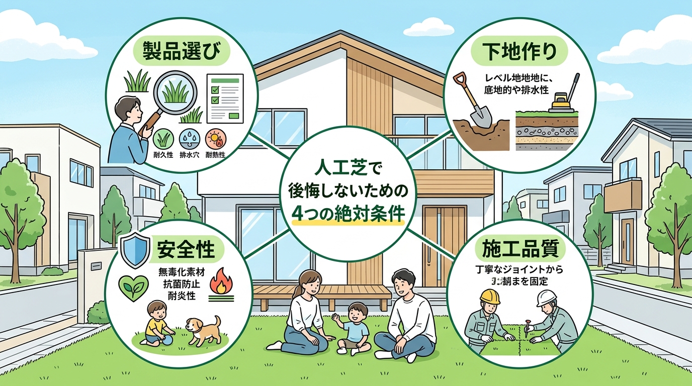 日本人と日本人の近代住宅・風景。参照画像の画風・テイスト・タッチでのイラストの作成。必要に応じてカラーにして。, 「人工芝で後悔しないための4つの絶対条件」というインフォグラフィック。中央の円にタイト