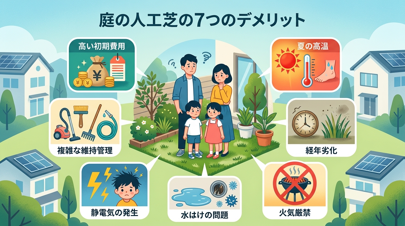 日本人と日本人の近代住宅・風景。参照画像の画風・テイスト・タッチでのイラストの作成。必要に応じてカラーにして。, 「庭の人工芝の7つのデメリット」をテーマにしたインフォグラフィック。中央に、人工芝の庭