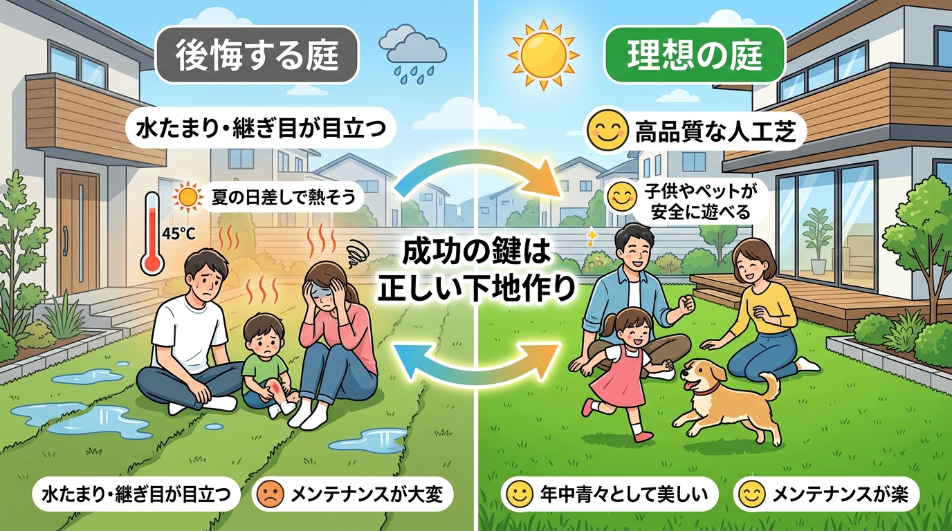 日本人と日本人の近代住宅・風景。参照画像の画風・テイスト・タッチでのイラストの作成。必要に応じてカラーにして。, インフォグラフィック、人工芝の庭。「後悔する庭」と「理想の庭」を左右で比較する図。左は