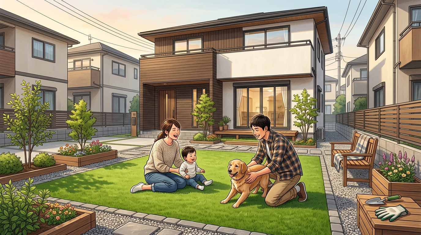 DIYで美しく仕上がった人工芝の庭。家族やペットが楽しそうに過ごしている様子]