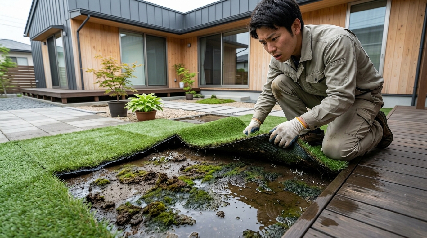 DIYで下地処理を省略した結果、人工芝をめくると水たまりができてカビや苔が生えている現場の写真。キャプション例:「DIYで転圧を省略した結果、水はけが悪化。ゴキブリやカビの温床になってしまいました。」