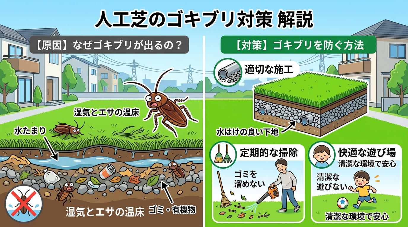 日本人と日本人の近代住宅・風景。参照画像の画風・テイスト・タッチでのイラストの作成。必要に応じてカラーにして。, 人工芝のゴキブリ対策を解説するインフォグラフィック。画面を左右に分割した比較図スタイル