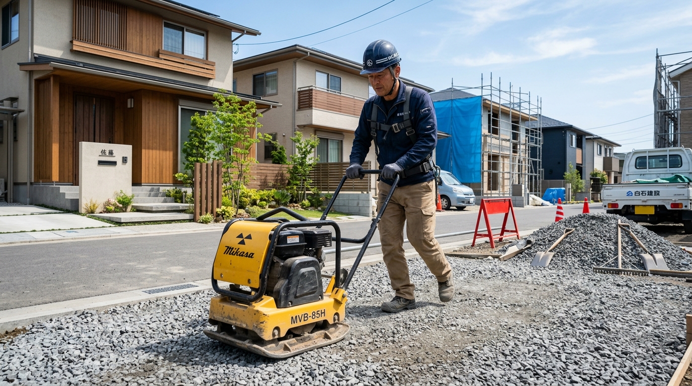 砕石を敷き詰めた上に、転圧機（プレートコンパクター）をかけている作業風景の写真]
