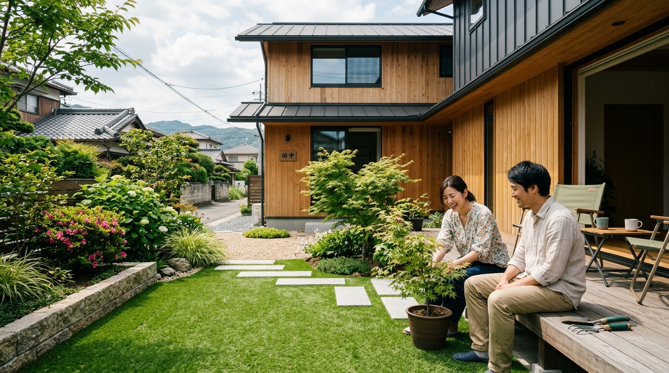 施工後、建物や植栽と美しく調和した、自然な色合いの人工芝の庭のアフター写真]
