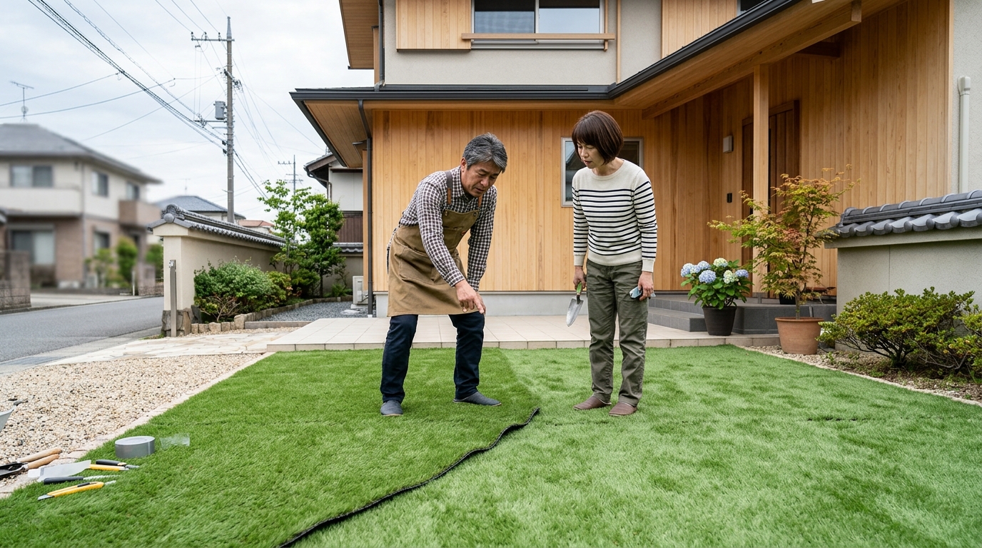 DIYで施工し、芝目の方向が揃っていないため継ぎ目がはっきりと線のように見えてしまっている人工芝の失敗事例写真]