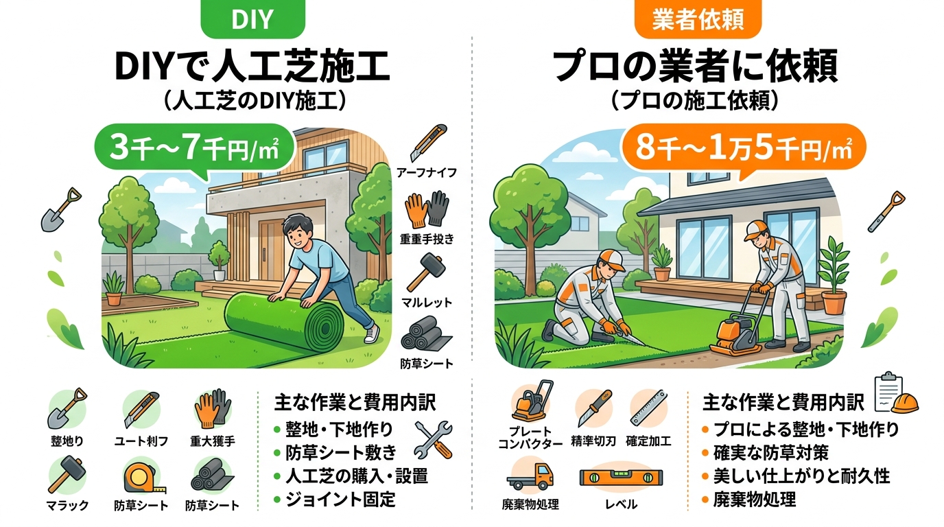 日本人と日本人の近代住宅・風景。参照画像の画風・テイスト・タッチでのイラストの作成。必要に応じてカラーにして。, 人工芝の施工費用をDIYと業者依頼で比較するインフォグラフィック。画面を中央で左右に分