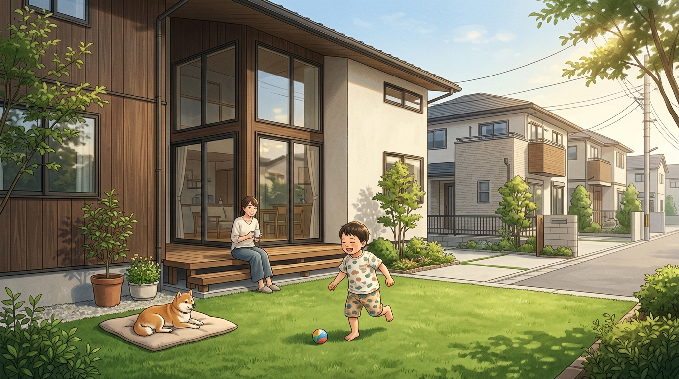 小さな子供が人工芝の上で裸足で遊んでいる様子、または小型犬が気持ちよさそうに寝転んでいる写真。家族が安心して使えるイメージを伝える。]