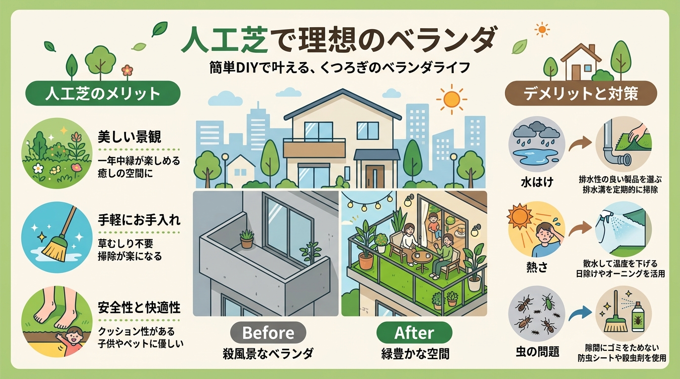 日本人と日本人の近代住宅・風景。参照画像の画風・テイスト・タッチでのイラストの作成。必要に応じてカラーにして。, 「人工芝で理想のベランダ」というテーマのインフォグラフィック。中央に殺風景なベランダが