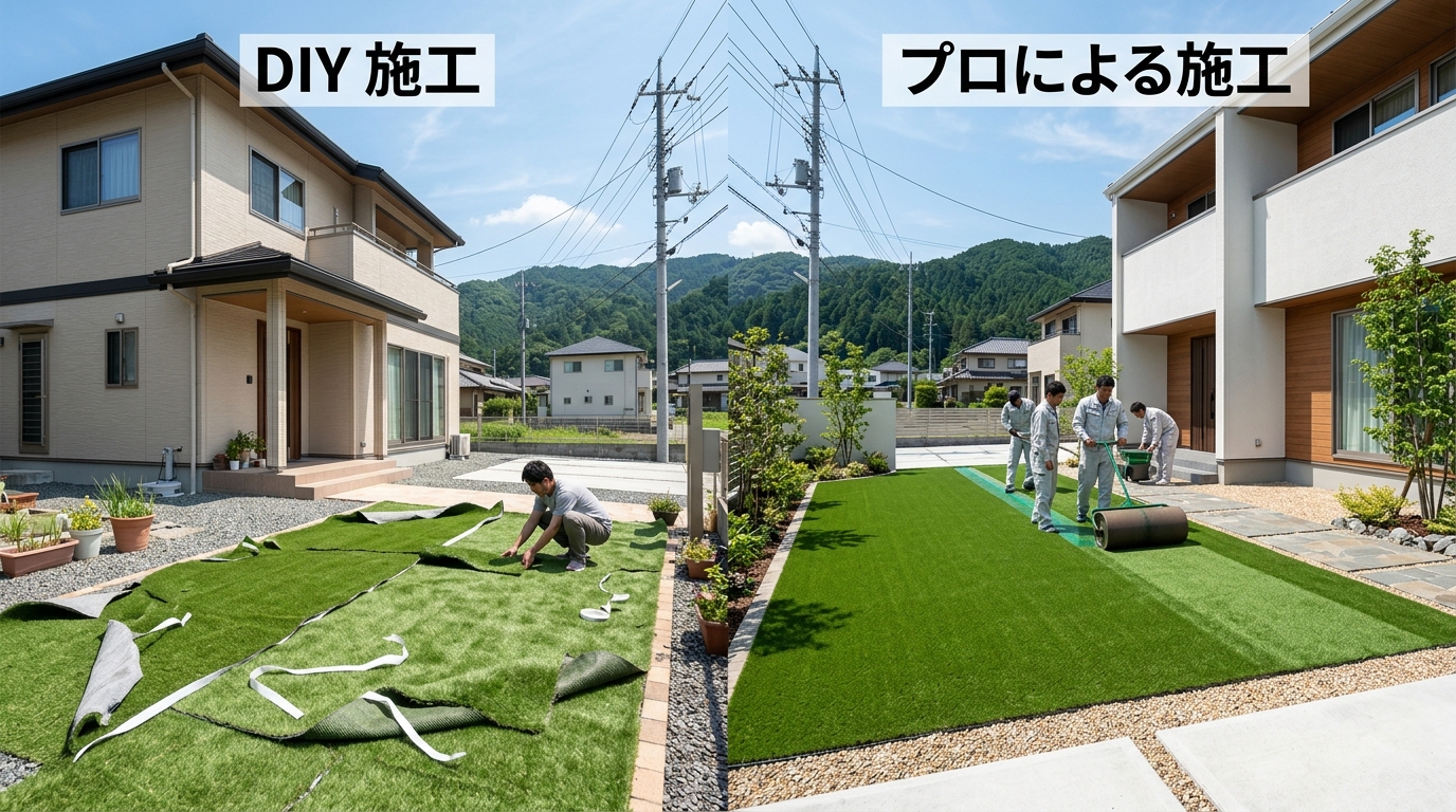 DIYで両面テープが剥がれてめくれてしまった人工芝の写真と、プロが専用接着剤でしっかりと施工した人工芝の写真を並べて比較する]