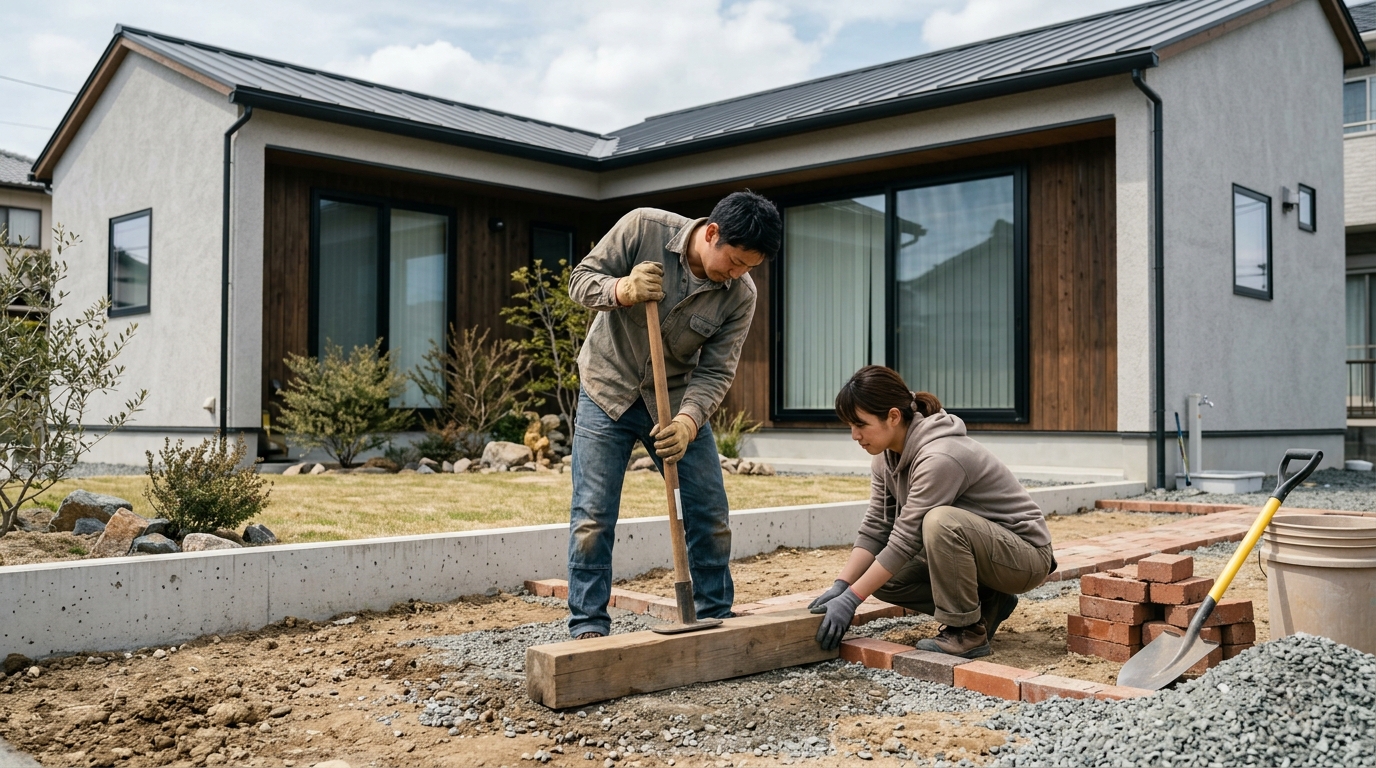 レンガと板を使って地面を叩き固めているDIY作業の様子]