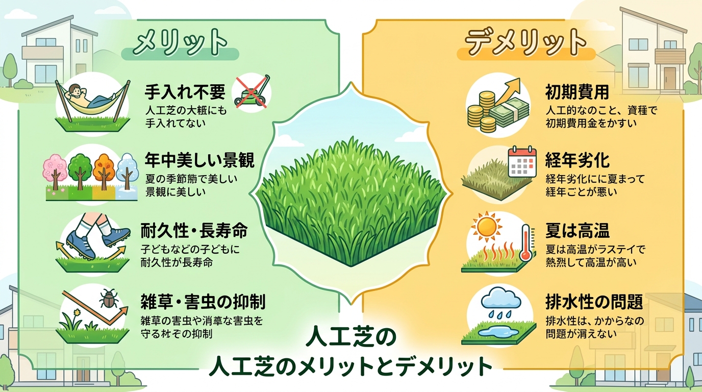 日本人と日本人の近代住宅・風景。参照画像の画風・テイスト・タッチでのイラストの作成。必要に応じてカラーにして。, 人工芝のメリットとデメリットを比較するインフォグラフィック。中央の美しい人工芝のイラス