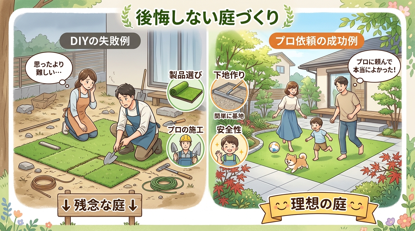 日本人と日本人の近代住宅・風景。参照画像の画風・テイスト・タッチでのイラストの作成。必要に応じてカラーにして。, 「後悔しない庭づくり」をテーマにしたインフォグラフィック。画面を左右に分割し、左に「D