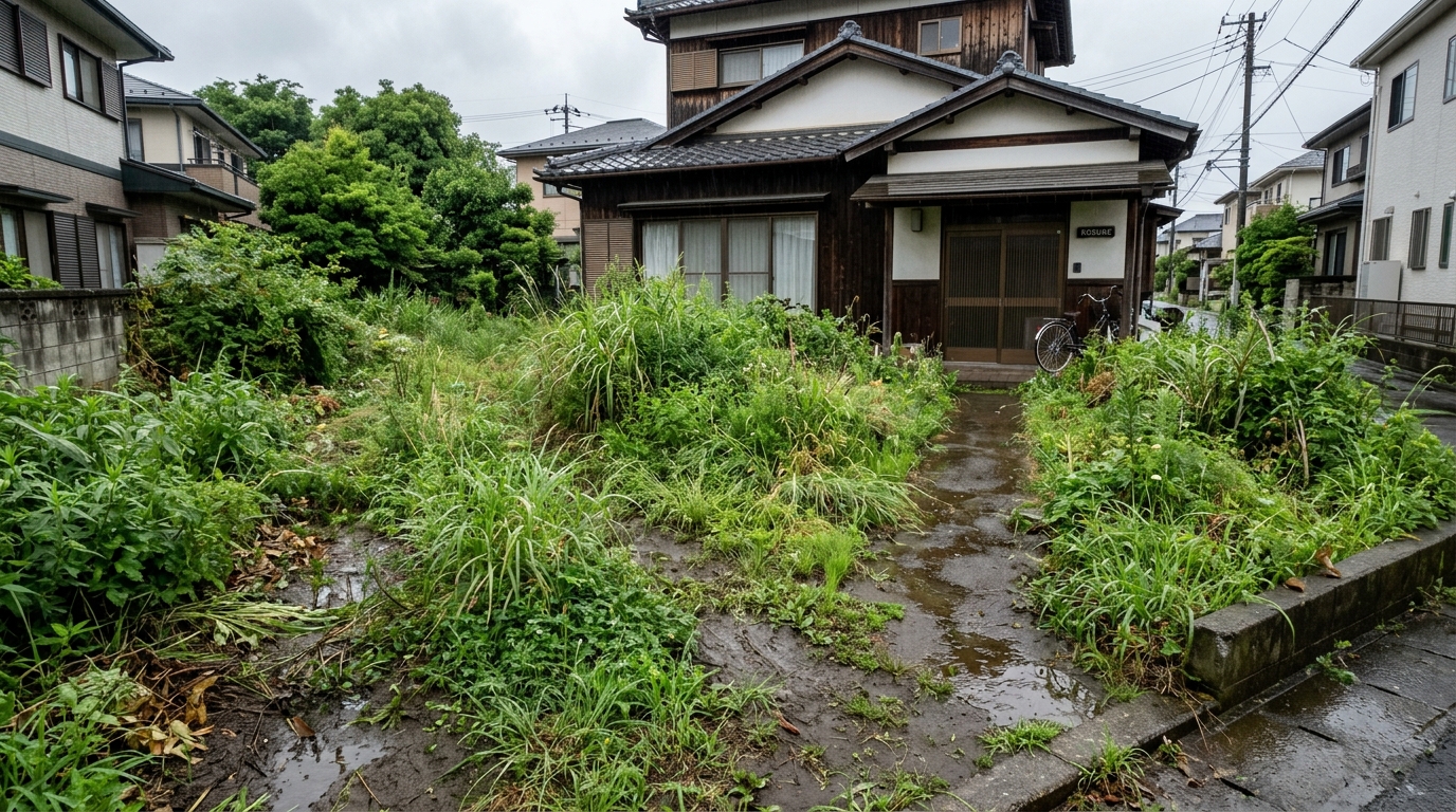 施工前の雑草が生い茂り、雨上がりでぬかるんでいる庭のビフォー写真]