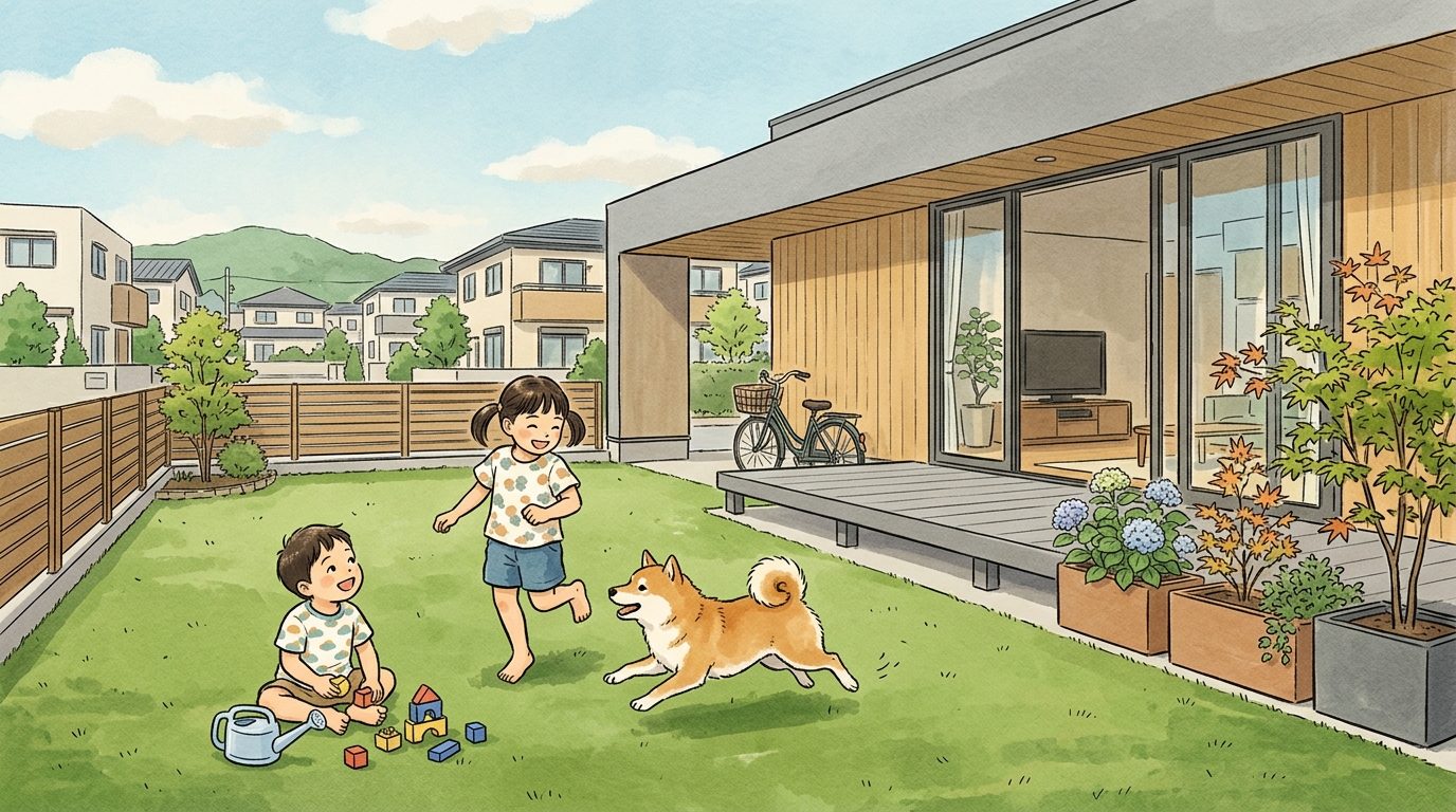 青々とした人工芝の庭で、子供とペットが裸足で楽しそうに遊んでいる理想的なイメージ写真]