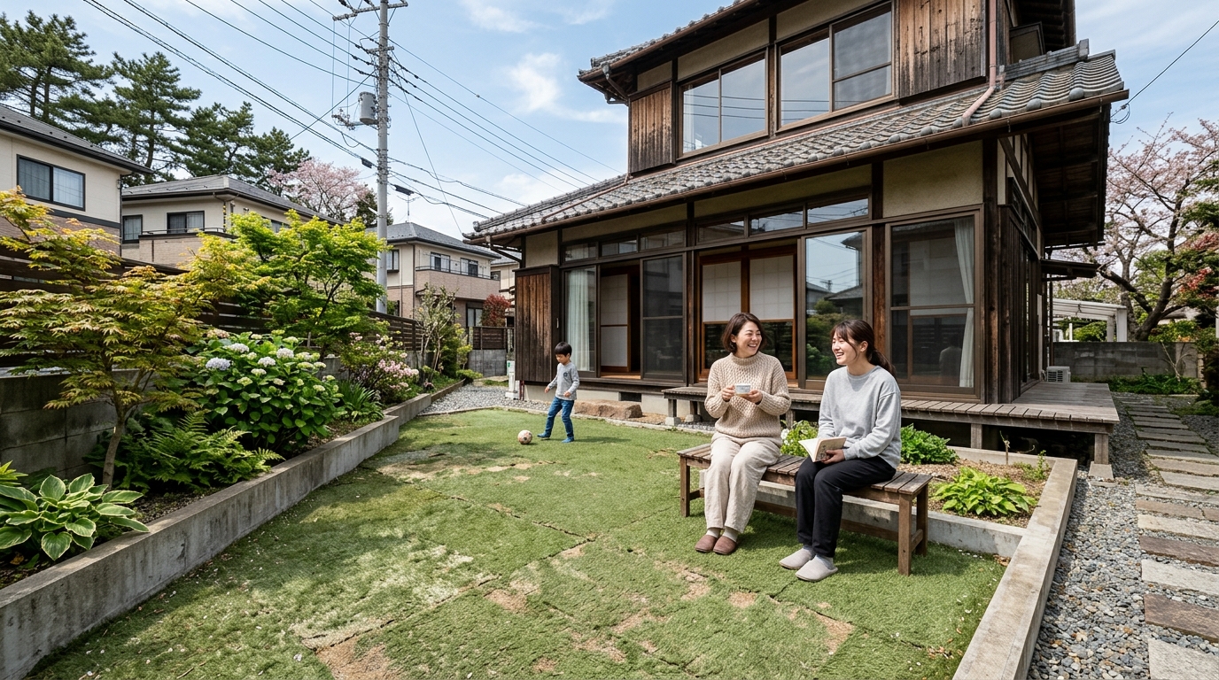 経年劣化した人工芝の写真（色褪せ、芝葉の倒れ、抜けが分かるもの）]