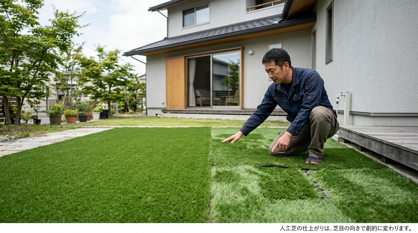 芝目の向きが揃っている人工芝と、揃っていない人工芝を並べて比較している写真。揃っていない方は色のムラや繋ぎ目が不自然に見えることを示す。キャプション例:芝目の向きを揃えるだけで、仕上がりの美しさが格段