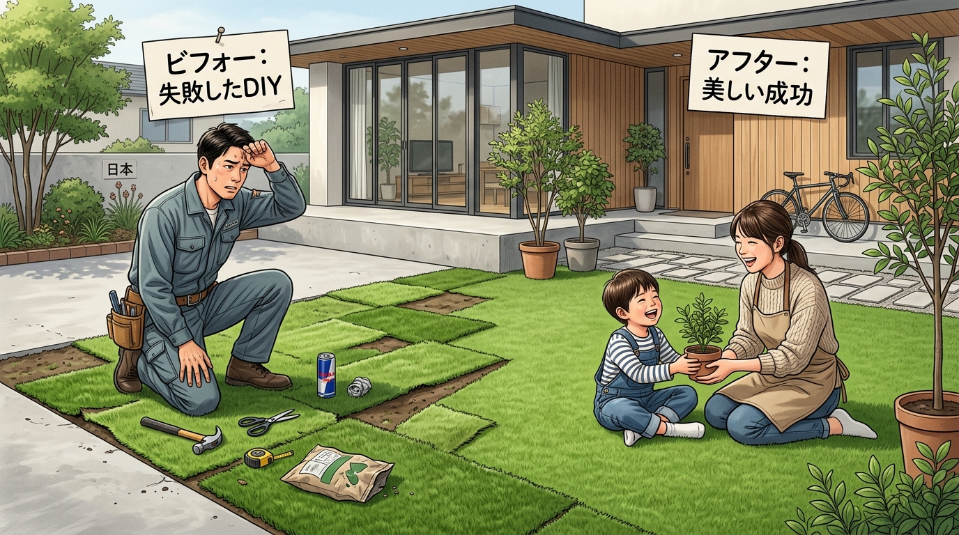 左側にデコボコして色ムラがある失敗した人工芝DIYの写真、右側に平らで継ぎ目も見えない美しい人工芝DIYの成功写真を見せるビフォーアフター比較画像。]