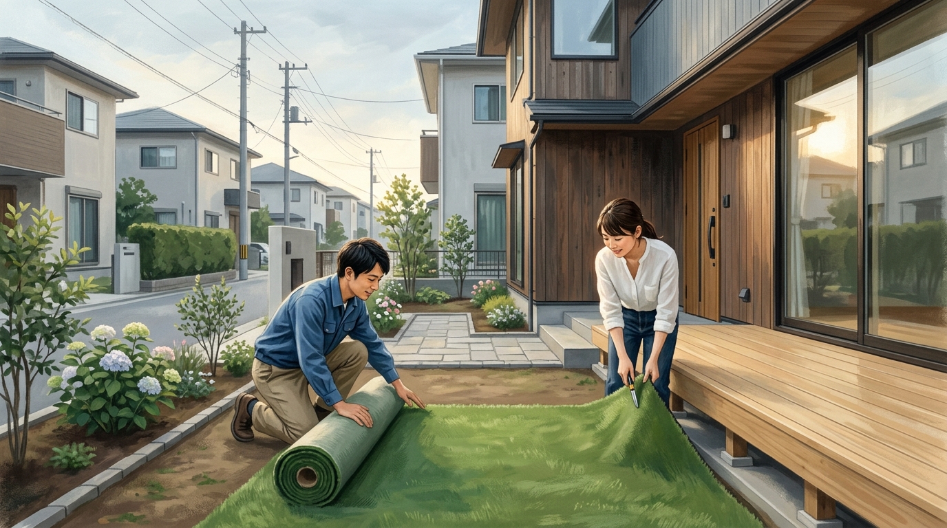 DIYでの施工手順をより詳しく知りたい方向けに、関連記事への内部リンクを設置します。 詳しい施工手順は、こちらの記事で写真付きで解説しています。 人工芝DIYのやり方|初心者でも失敗しない全手順をプロ