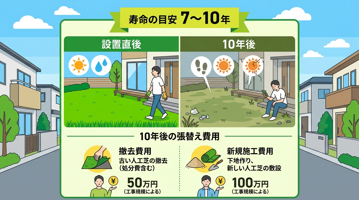 日本人と日本人の近代住宅・風景。参照画像の画風・テイスト・タッチでのイラストの作成。必要に応じてカラーにして。, 「人工芝の寿命と費用」をテーマにした日本語のインフォグラフィック。フラットデザインのデ
