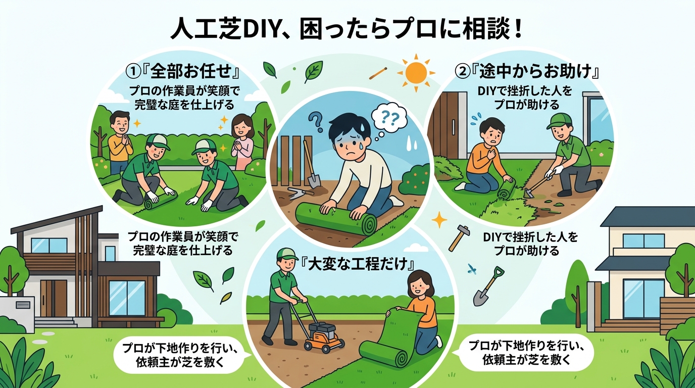 日本人と日本人の近代住宅・風景。参照画像の画風・テイスト・タッチでのイラストの作成。必要に応じてカラーにして。, インフォグラフィック、図解。「人工芝DIY、困ったらプロに相談！」というタイトル。中央