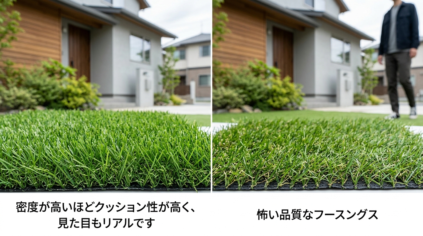 高密度で高品質な人工芝サンプルと、低密度でスカスカな人工芝サンプルの比較写真。キャプションで「密度が高いほどクッション性が高く、見た目もリアルです」と補足。]